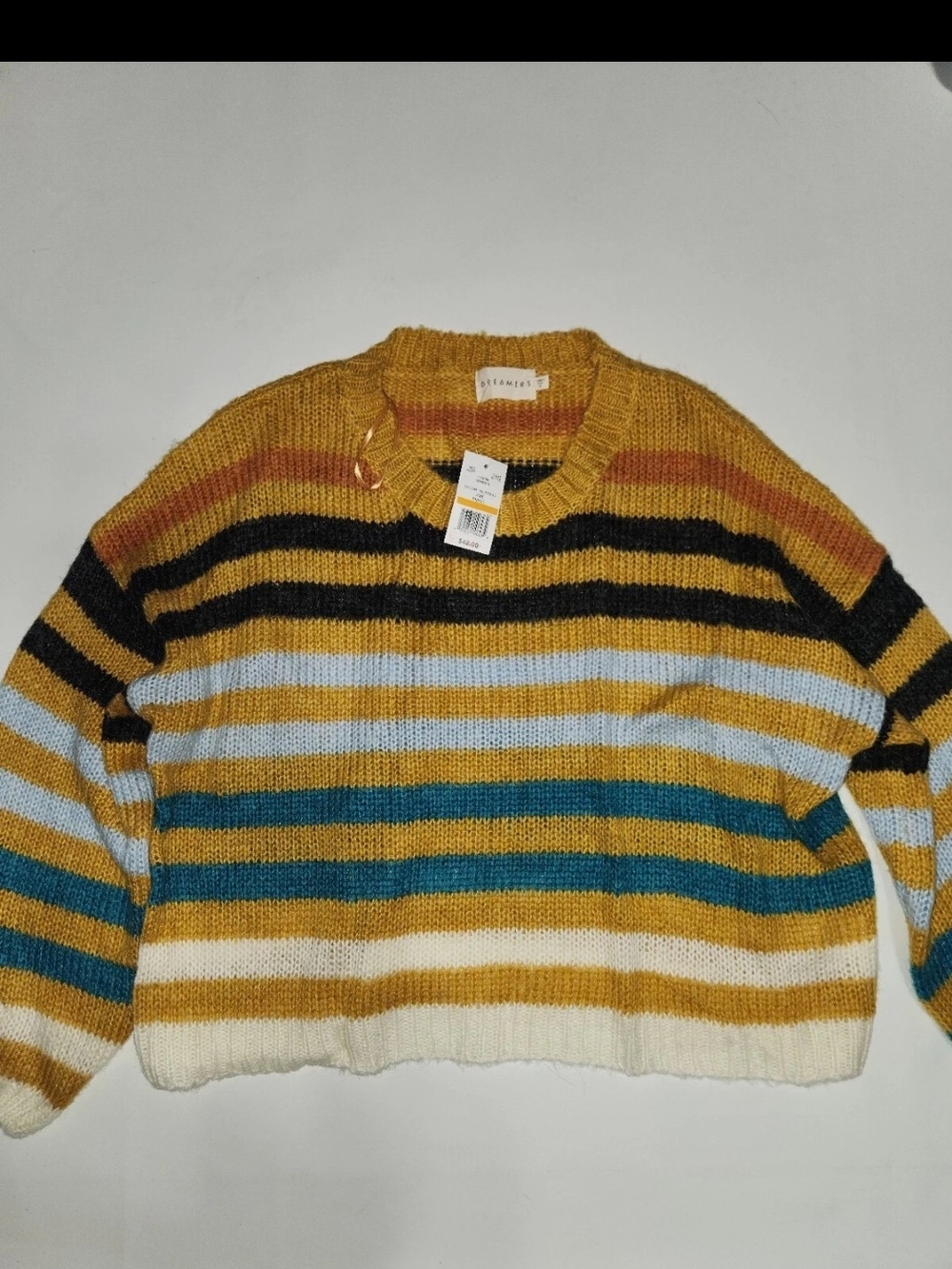 Dreamers Striped Crewneck Sweater in Mustard, Teal, Black & Cream